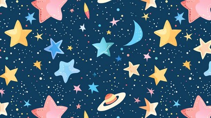 Wall Mural - a seamless pattern of colorful stars, a moon, and a planet on a dark blue background.
