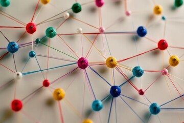 Poster - abstract web line of color yarn connecting nail nodes on white background, networking concept