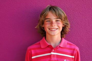 A cheerful teen boy wearing a pink and red striped polo shirt smiles brightly against a bold magenta background, radiating youthful vitality