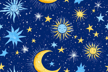 Seamless blue space pattern with sun, crescent and stars on a blue background. Mystical ornament of the night sky.