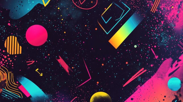 Nostalgic 90s background with a mix of geometric shapes, neon splashes, and retro vibes, offering lots of space for text.