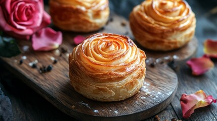 flaky puff pastry dough apple shapes, filled with a sweet apple filling, and adorned with rose-like decorations.