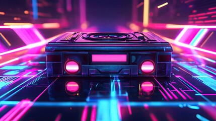 Leinwandbilder - Vibrant 90s style backdrop with pixelated graphics, cassette tapes, and bright neon hues, perfect for adding text.