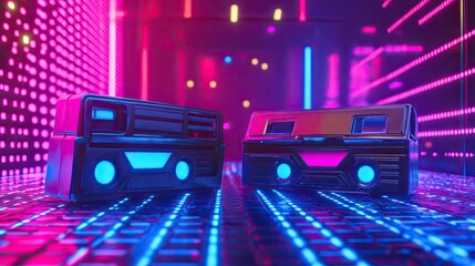Leinwandbilder - Vibrant 90s style backdrop with pixelated graphics, cassette tapes, and bright neon hues, perfect for adding text.