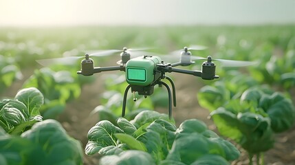 Aerial view of a small IoT drone sensor flying over a lush green farm field collecting crop health data and monitoring agricultural conditions for precision farming and sustainable cultivation