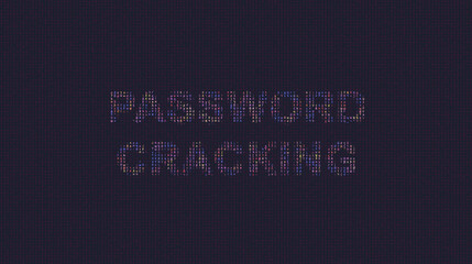 Cybersecurity concept password cracking on foreground screen, ASCII style in a code development editor. Vulnerability and attack on colored code editor. Text in English, English text