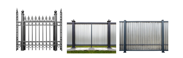 Poster - Three different metal fences, one with an ornate gate.