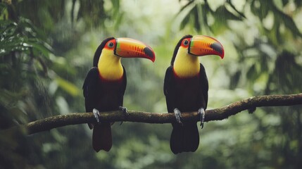 Toucan on Branch in Tropical Forest of Costa Rica. Wildlife Observation of Two Keel-billed Toucans
