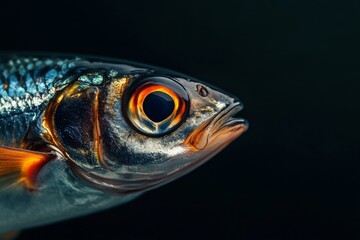 Mystic portrait of Atlantic Herring, copy space on right side, Close-up View, isolated on black background