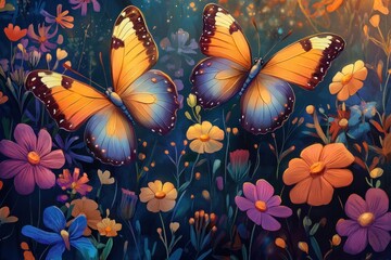 Two colorful butterflies flying over a field of flowers in the sunlight.