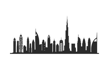dubai skyline silhouette with iconic skyscrapers in monochrome.