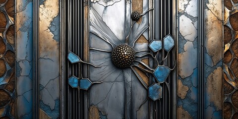 Wall Mural - Abstract metal texture with blue, gold, and black accents.