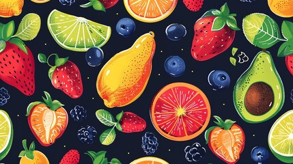 Wall Mural - Colorful pattern of sliced fruits and berries on a dark background.