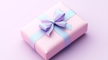 Pink gift box with a lavender bow and ribbon on a pastel background.