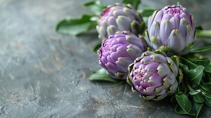 Three vibrant artichokes nestled on a textured surface, showcasing their unique purple hues and lush green leaves. Generative AI