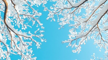 Wall Mural - Snow-covered branches reaching into a clear blue winter sky with room for copy