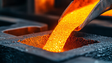 Liquid metal being poured into a mold, showcasing the process of metal casting in a foundry setting, with vibrant orange hues and textures.