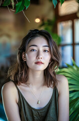 A woman with brown hair and a necklace is sitting in front of a plant. She has a serious expression on her face