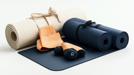 Canvas Print - Set of rolled yoga mats and folded exercise towels on a smooth surface, showcasing a combination of fitness accessories in neutral and blue tones.