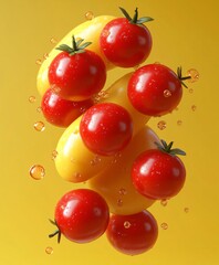 3d rendering of fresh ripe red and yellow tomatoes with water drops floating on a yellow background. Perfect for showcasing healthy eating, fresh produce, or summer recipes