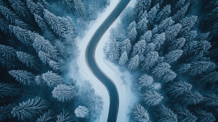 Wall Mural - Snow-covered road winding through a forest, with an empty sky for text or designs