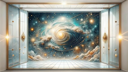 Celestial room, surreal atmosphere, swirling nebula and stars, cosmic art, futuristic interior, copy space