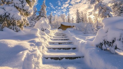 Wall Mural - Snow-covered steps leading up to a winter cabin with space for copy in the sky