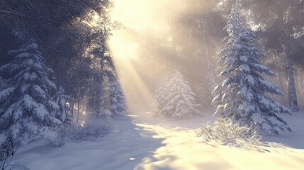 Wall Mural - Snowy forest clearing with sunbeams filtering through the trees, room for copy in the sky