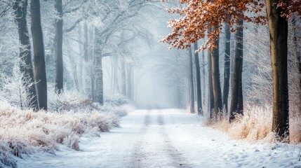 Wall Mural - Snowy path leading through a forest of bare trees, open space for text or design elements