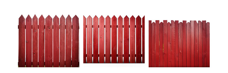 Poster - A red wooden fence with pointed tops against a white background.
