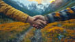 © Bartek - Two individuals shaking hands outside in a beautiful mountain landscape with wildflowers, symbolizing partnership, teamwork, and cooperation in a scenic outdoor setting at sunset.