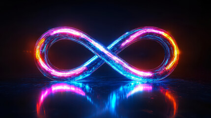 Poster - Vibrant Neon Infinity Symbol Glowing in Dark Background, Concept of Eternity and Endless Possibilities, Futuristic Design