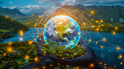 Poster - Innovative Environmental Technology for Sustainable Development: Hands Holding Digital Globe with Network Connections in Vibrant Natural Landscape