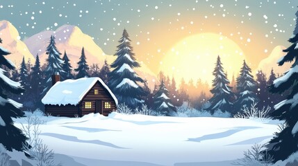 Wall Mural - Winter cabin nestled in a snowy forest with large sky space for text