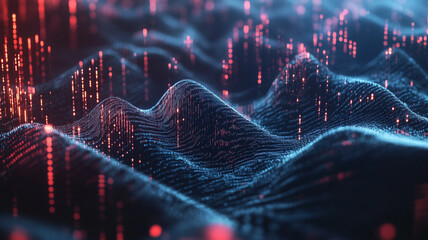 Abstract visual of flowing data waves illuminated with red and blue lights in a digital landscape