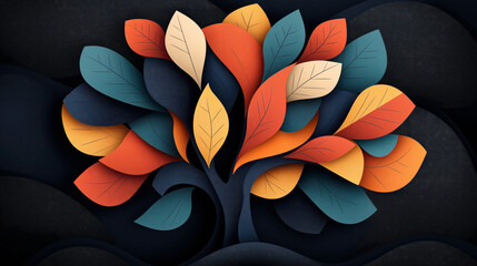 Poster - Abstract illustration of a tree with layered, colorful leaves in orange, blue, and beige shades on a dark background, featuring a paper-cut style design.