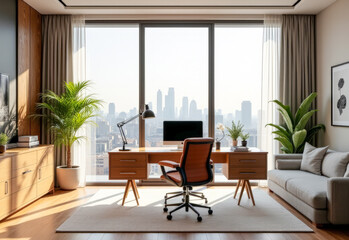 home office with a large bright window , minimalism