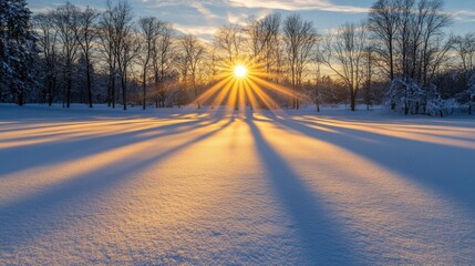 Wall Mural - Winter sunset casting long shadows on a snow-covered field, large open space for text