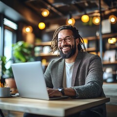 Poster - Smiling Young Professional Enjoying Success While Working Remotely on Laptop in Cozy Cafe