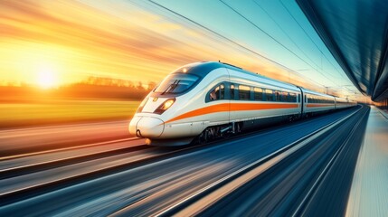 Poster - Fast Train Moving Amidst a Stunning Sunrise