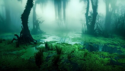 Wall Mural - creepy landscape showing misty dark green swamp