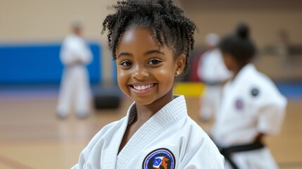 She displays her enthusiasm and readiness in a bright, bustling dojo environment with others in the background, wearing a karate uniform.