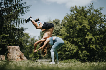 Athletic couple performing a synchronized back to back flip exercise in an outdoor park setting. Fit and agile pair showcasing teamwork and physical fitness.