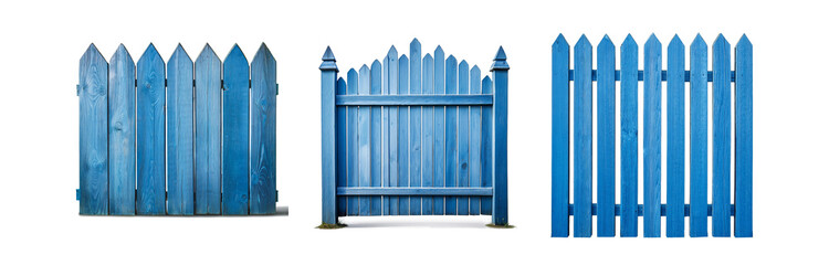 Poster - Three different views of a blue wooden fence with pointed tops.