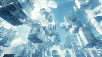 Poster - Abstract Blue Cubical Structures Against a Cloudy Sky