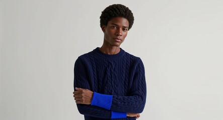 Wall Mural - Navy blue cable knit sweater with ribbed cuffs on plain white background