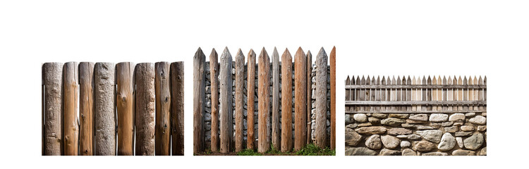 Poster - A wooden fence with pointed tops, a section of a stone wall, and a wooden fence with horizontal slats.
