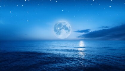 Wall Mural - this photo illustration of a deep blue moonlit ocean and sky at night would make a great travel back