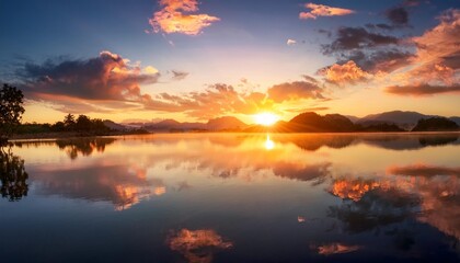 Wall Mural - idyllic sunrise in the sky reflecting on calm water
