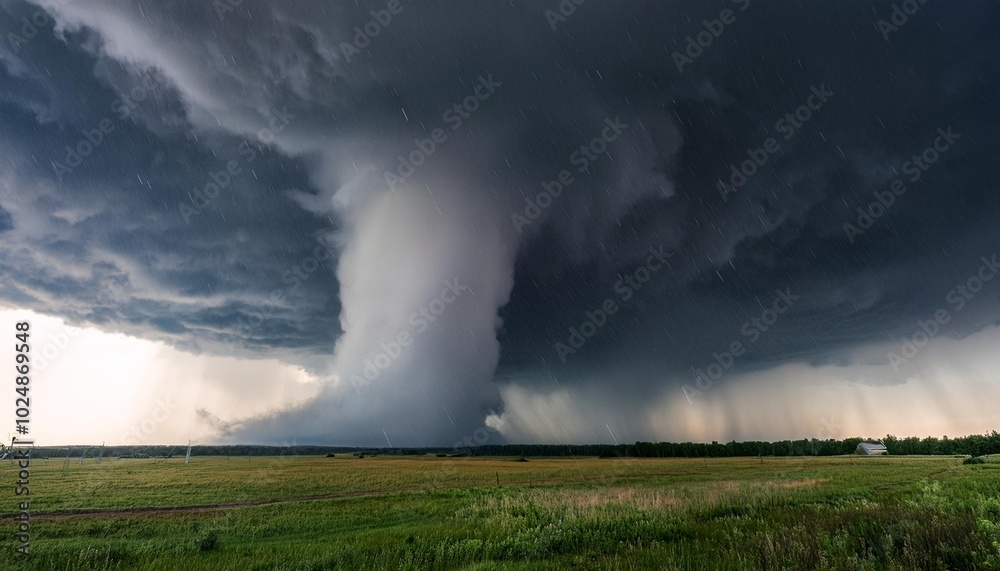 a massive tornado touches down on an open field with dark storm clouds ...